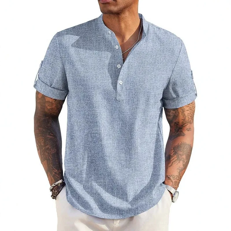 Shirt Men's Spring And Summer New Solid Color Stand-Up Collar Short Sleeve Shirt Men's Versatile Slim Top Men's Clothing