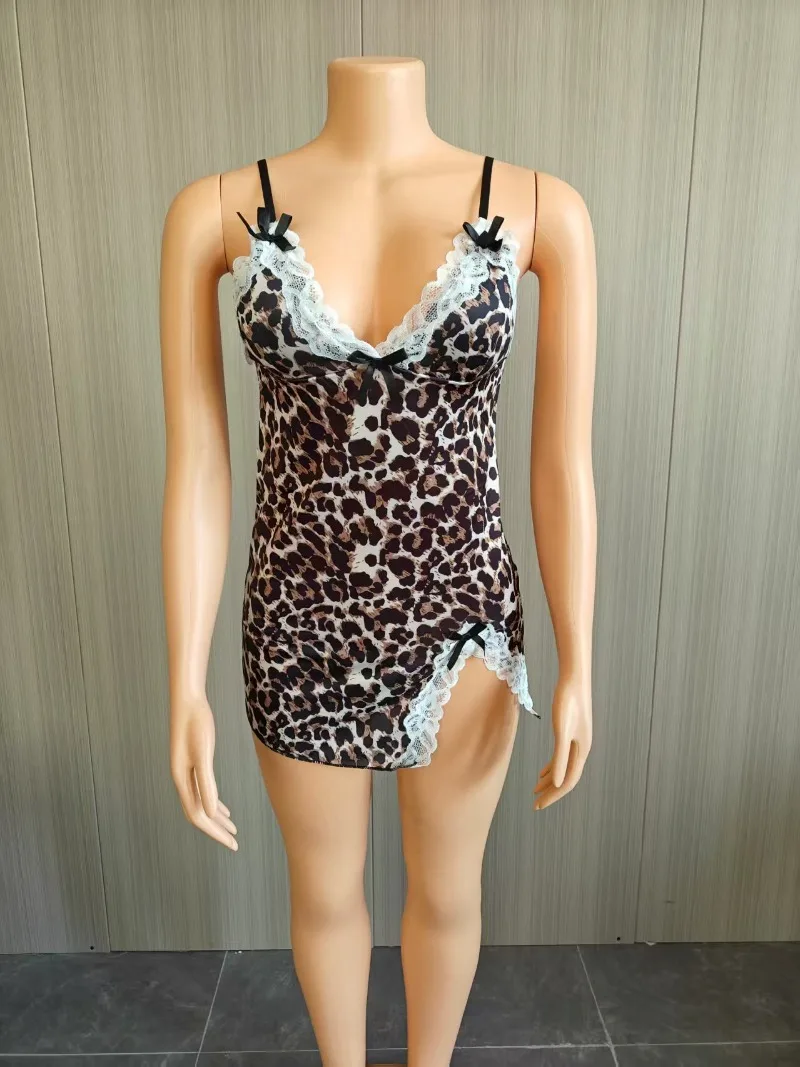 Strikken Kant Patchwork Luipaardprint Bodycon Nachtclub Party Mini Jurk Vrouwen Sexy V-hals Spaghettibandjes Backless Split Pyjama