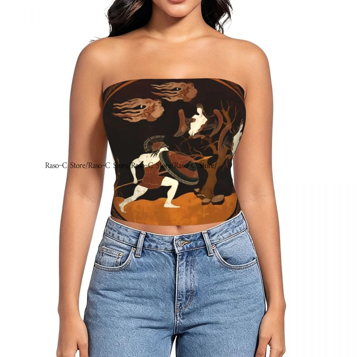 Women Block Crop Slim Tube Top Ancient Greece Battle Scene Strapless Top For Summer Female Clothing