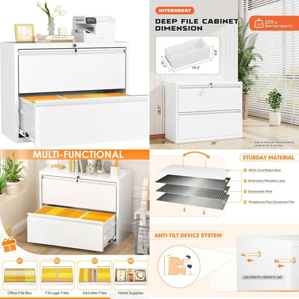 خزانة ملفات مكتبية مع قفل، خزانة ملفات جانبية بيضاء ذات درجين، منظم تخزين واسع من الفولاذ للمستندات المكتبية