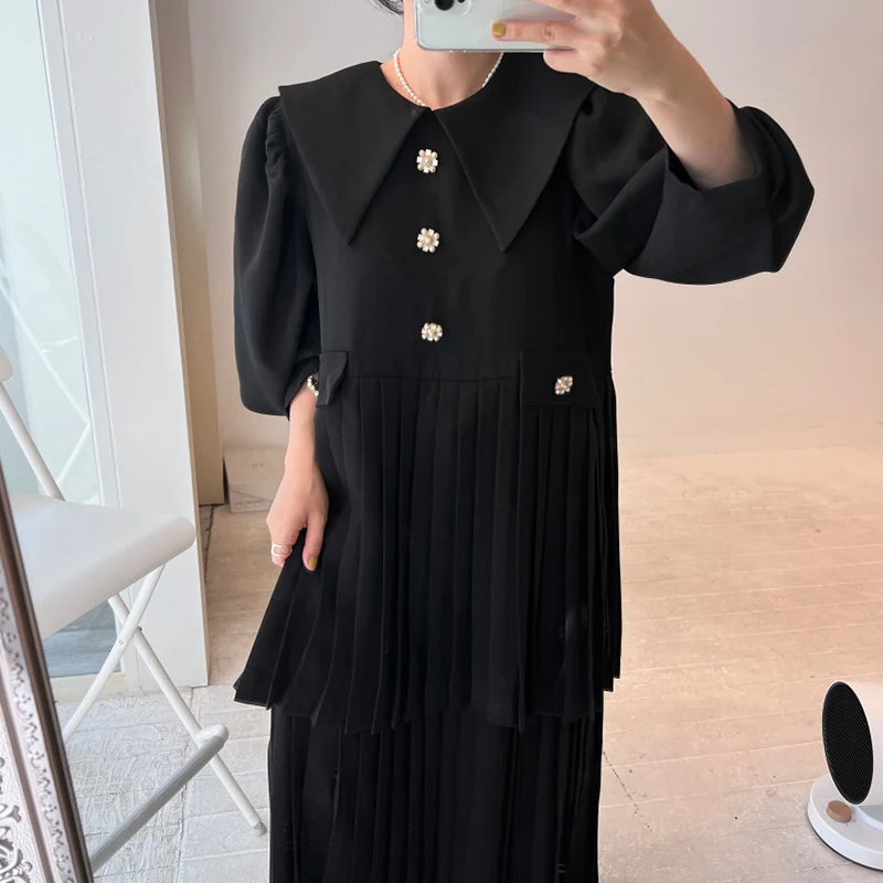 Vestido Longo Psado Chic e Jovial para Mulheres, Estilo Coreano, Manga Bufante, Deco com Botões Florais, Saia de Dupla...