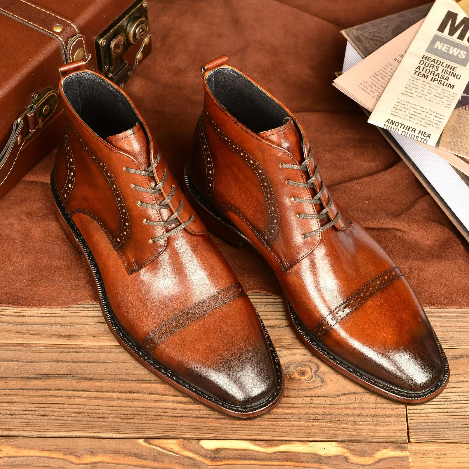 New Vintage  Boots Men\'s Topcoat Cowhide Business Dress Leather Shoes British Men\'s Boots Genuine Leather Boots