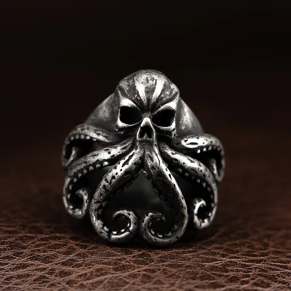 Large Skull Gothic Rings for Men Antique Stainless Steel Cthulhu Octopus Skull Ring Punk Motorcycle Rider Accessories Jewelry