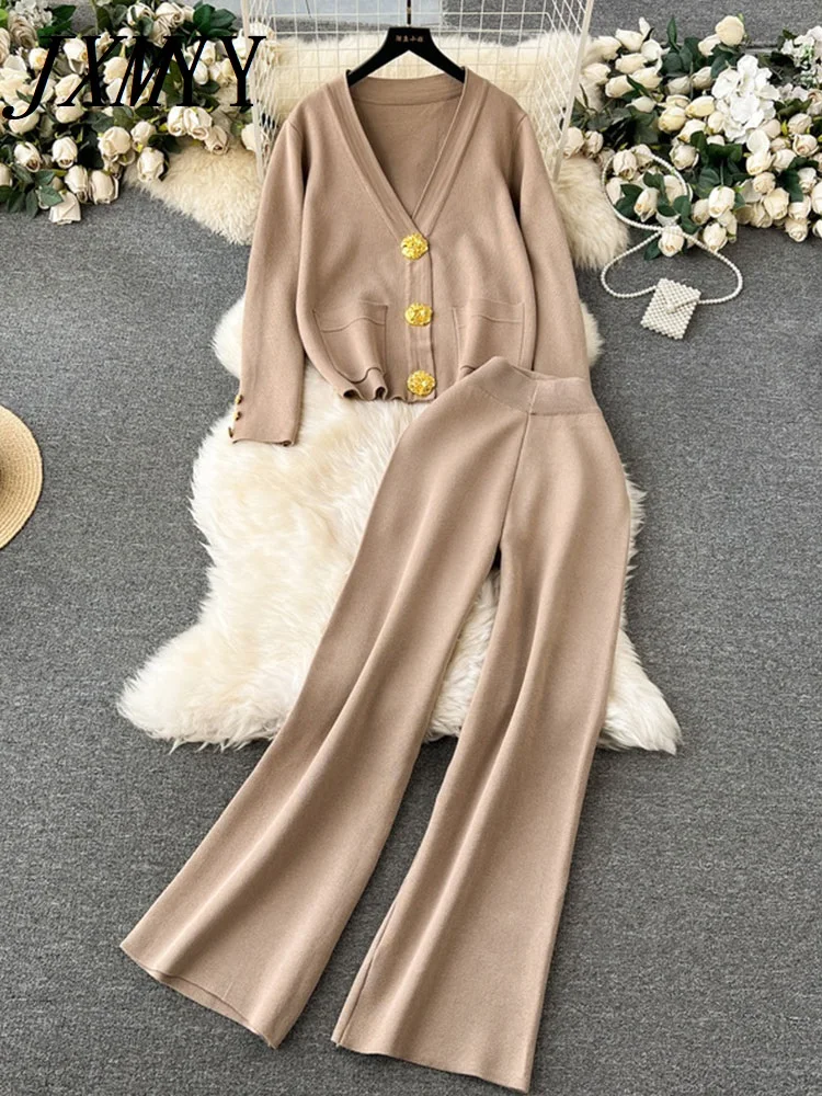 JXMYY Women Casual Long Sleeved Cardigan Sweater Wide Leg Pants Knitted Two-piece Set Y2k Korean Fashion Tide Autumn 2024