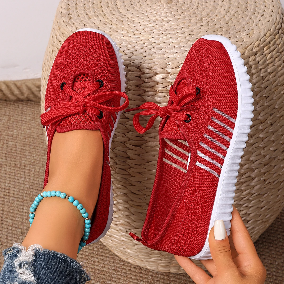 

Woman 2025 New Mesh Knitted Striped Lace Up Flats Casual Shoes for Women Casual Sneakers Breathable Soft Sole Loafers Plus Size
