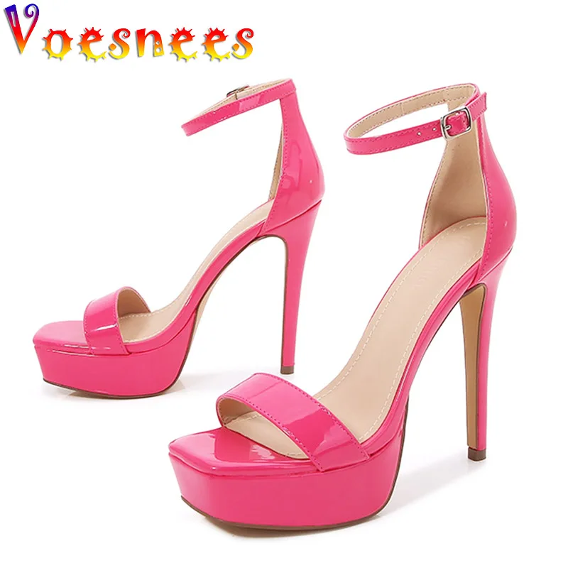 Plus Size Solid Color Square Head Model Shoes Women's 2022 Summer New One Line Belt Fashion Sandals 13CM Pole Dancing Pumps Pink