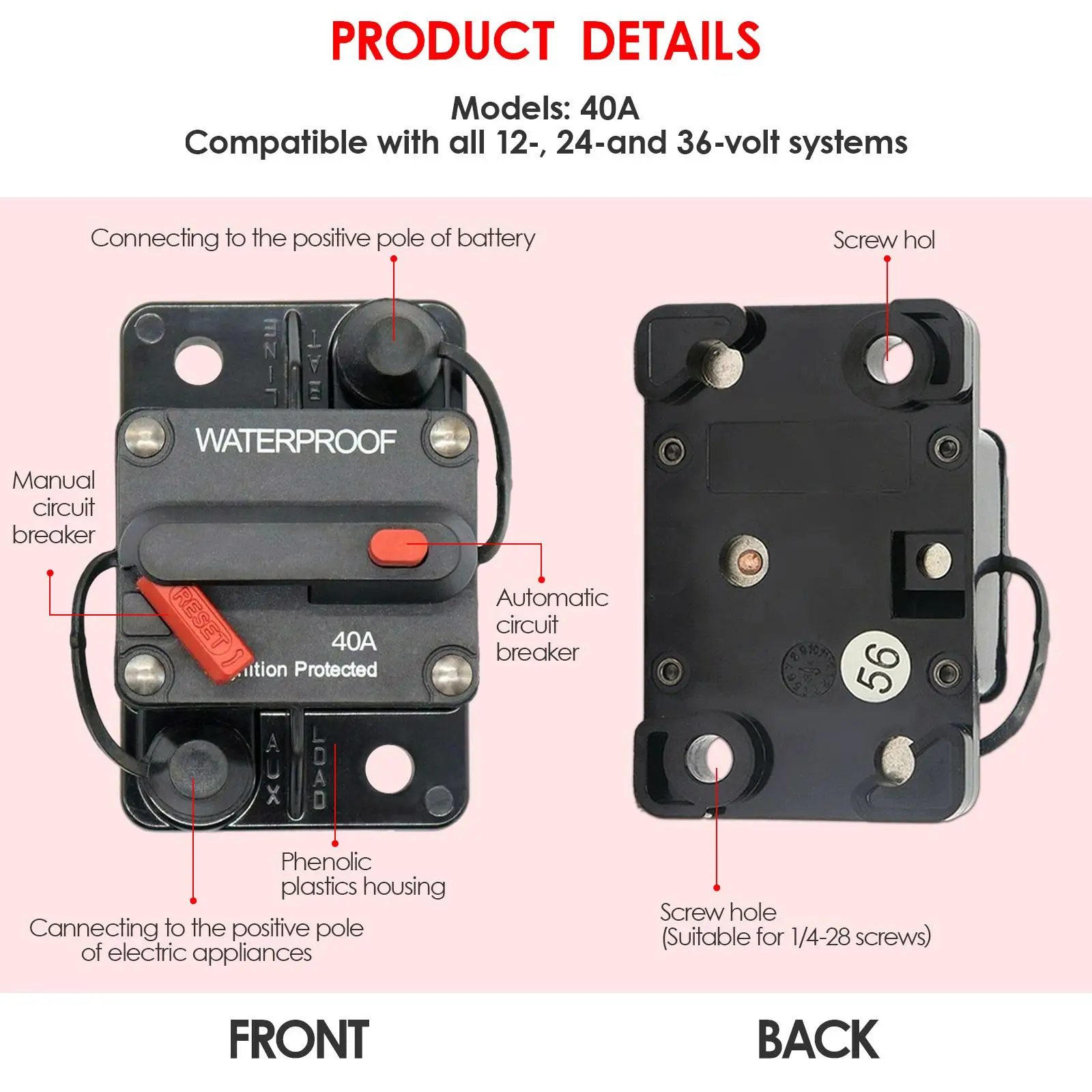 Reset Circuit Breaker Waterproof Manual Switch Breaker 100A 12-36V DC Electric Fuse Box Protection for Car Audio System