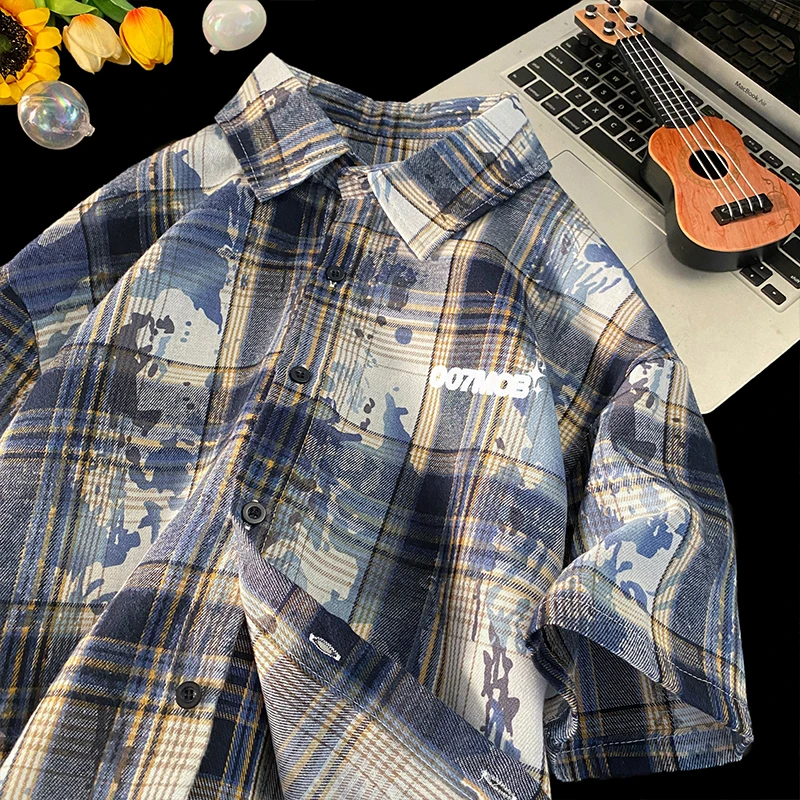 Men's Trendy Lazy Plaid Printed Shirt Japanese Vintage Youthful Check Shirt Button Down Half Sleeved Shirts Letter Printed Tops