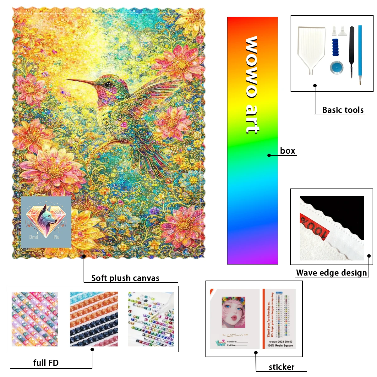 【Piu Diamond Art】Le kit de tamponnage diamanté 100% résine FD+AB+CR avec motif oiseau vert et fleurs, un chef-d'œuvre parfait qui vaut le coup d'acheter