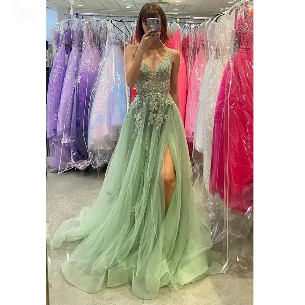 

Customized Tulle Aplliques Evening Dresses A-line High Side Slit Spaghetti Straps Prom Gowns Lace Up Backless Formal Party Dress