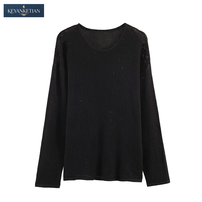 

KEYANKETIAN 2026 Minimalist Chic Oversized Knit Top Loose Fit Scoop Neck, Sheer Openwork & Sparkly Rhinestone Detail Sweater