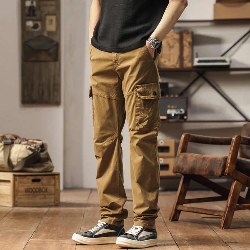 

Men Basic Multi Pockets High Street Pants Versatile Straight Leg Casual Trousers Spring Autumn New Drawstring Tie Up Cargo Pants