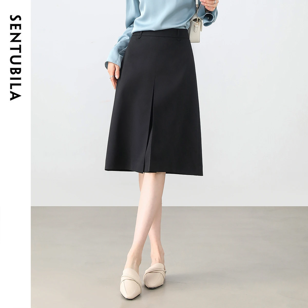 

SENTUBILA Black Skirt Women 2026 Spring Autumn New Fashion Office Lady A-line Elastic Waist Elegant Knee-length Skirts 151Q58128