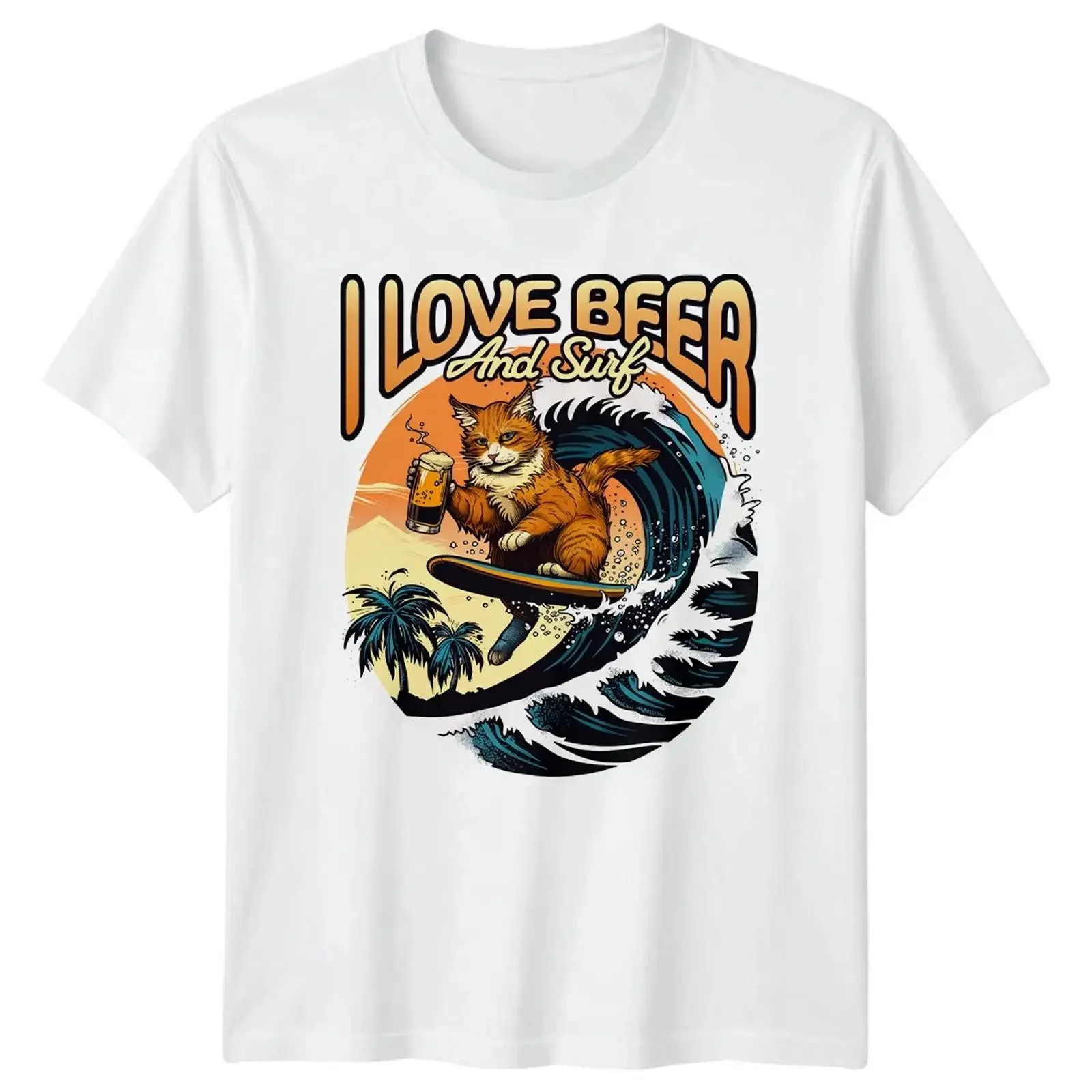 I love beer and surf T shirt surfing beach cat novelty gift for him her vintage Washed streetwear designer clothes graphic Soft