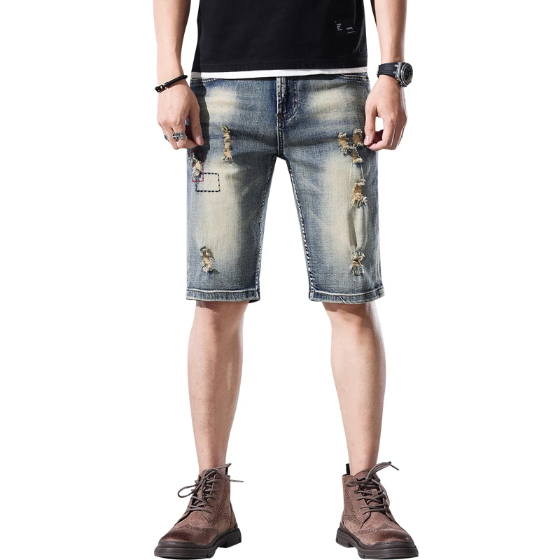 

Summer Vintage Distressed Denim Shorts for Men, Trendy Loose Fit, Five-Point Straight Slim Fit【QQ： 1518359144 】