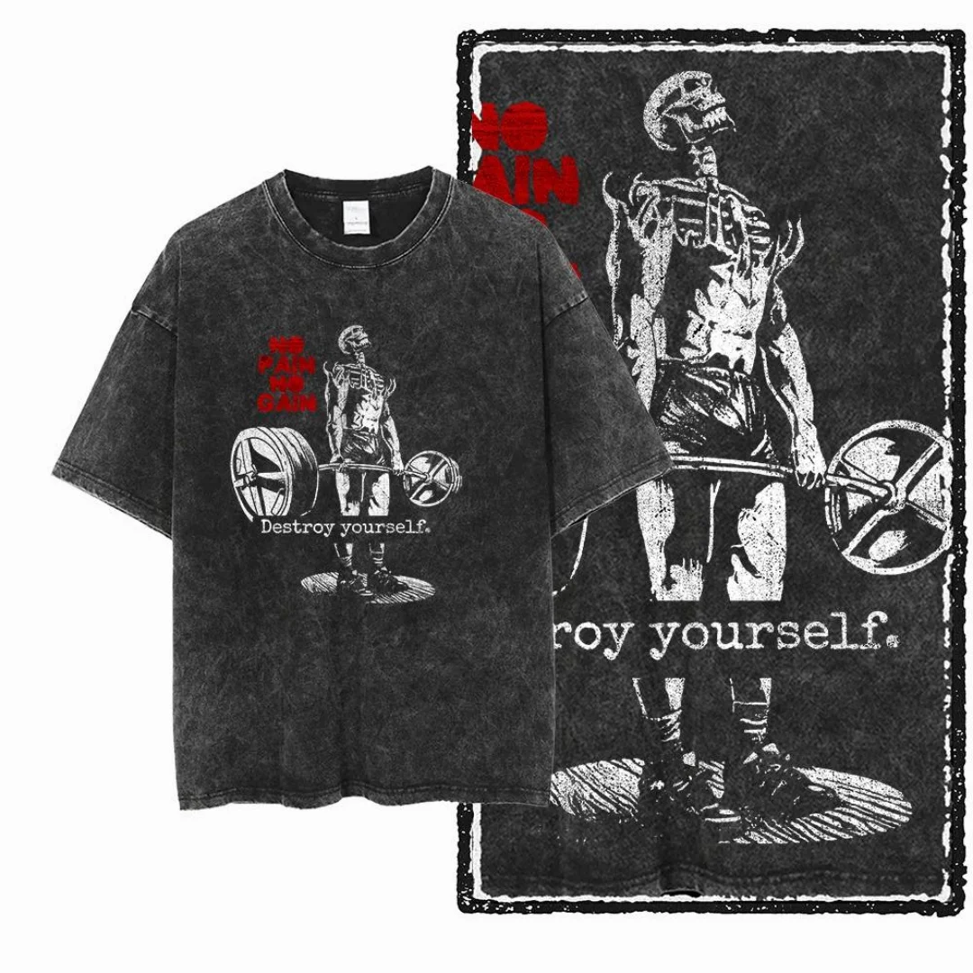 

Vintage Washed Skeleton Weightlifting Graphic No Pain No Gain Slogan Men T Shirt Oversized Black T-Shirt Retro Distressed Gym