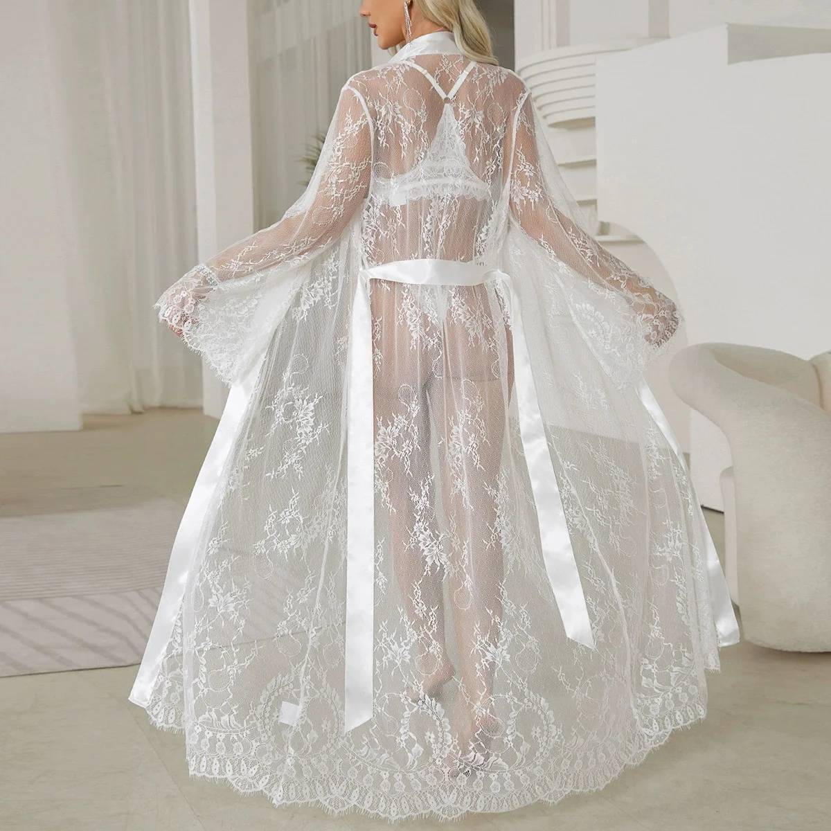 

Sexy Womens Lingeries Long Lace Mesh See Through Sleepwear Nightdress White Nightgown Robes Pajamas Loungewear