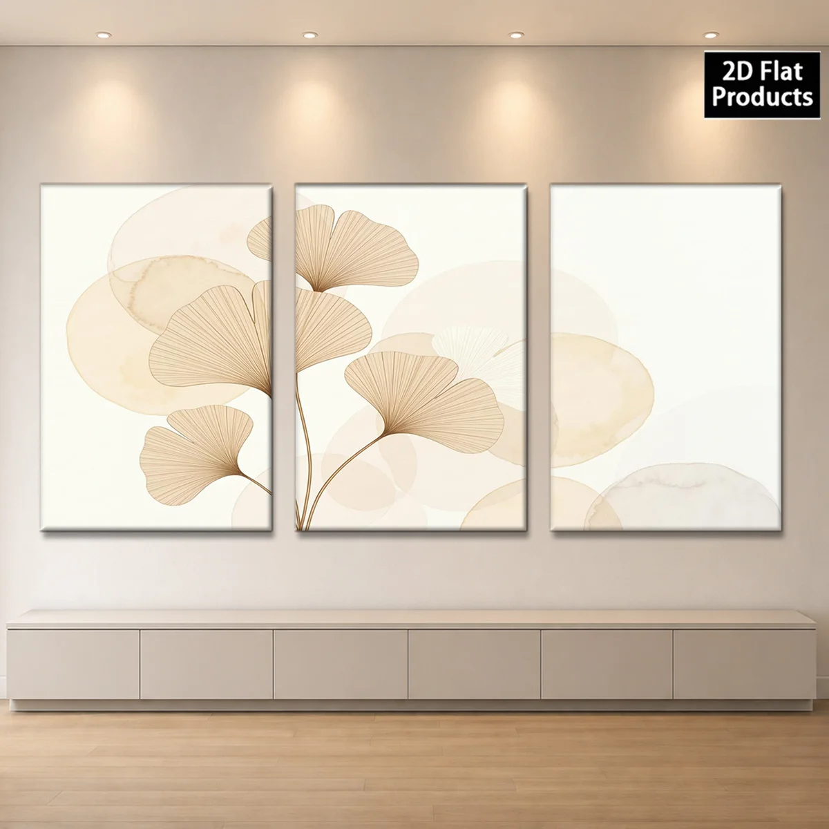 Frameless canvas 2D Flat 3pc  Wall Art – Three panels with beige ginkgo leaves and soft circular patterns on white. perfect f