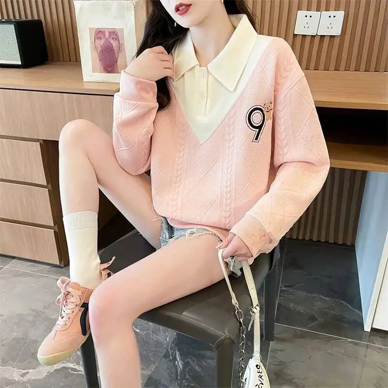 

Preppy Girls Fake Two-Piece Hoodie 2025 Autumn Patchwork Casual Sweatshirts Cartoon Bear Embroidery Cute Casual Pullovers