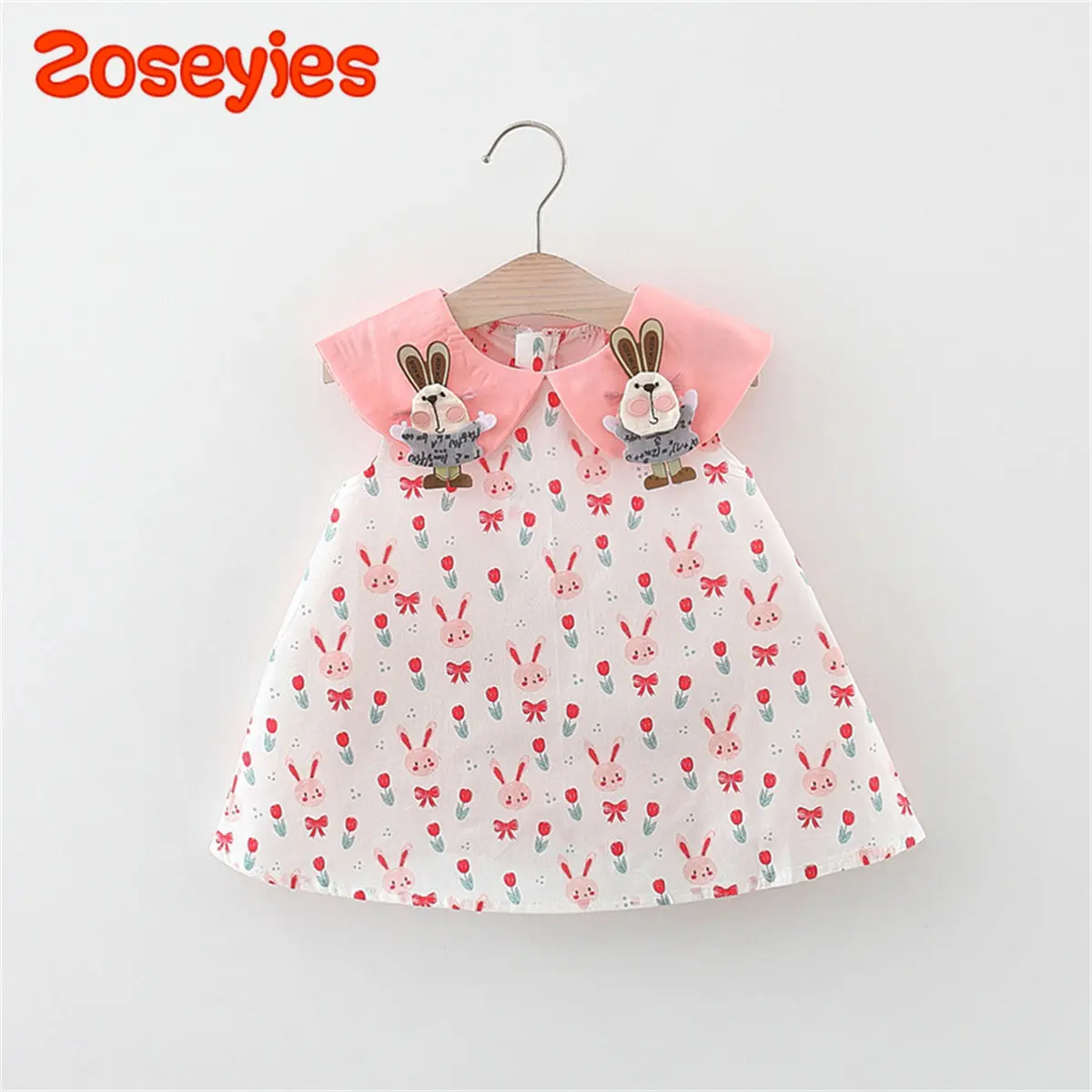 New Summer Baby Girl Dress Cartoon Polo Collar Flower Rabbit Print Sleeveless Loose Knee Length Everyday Wear