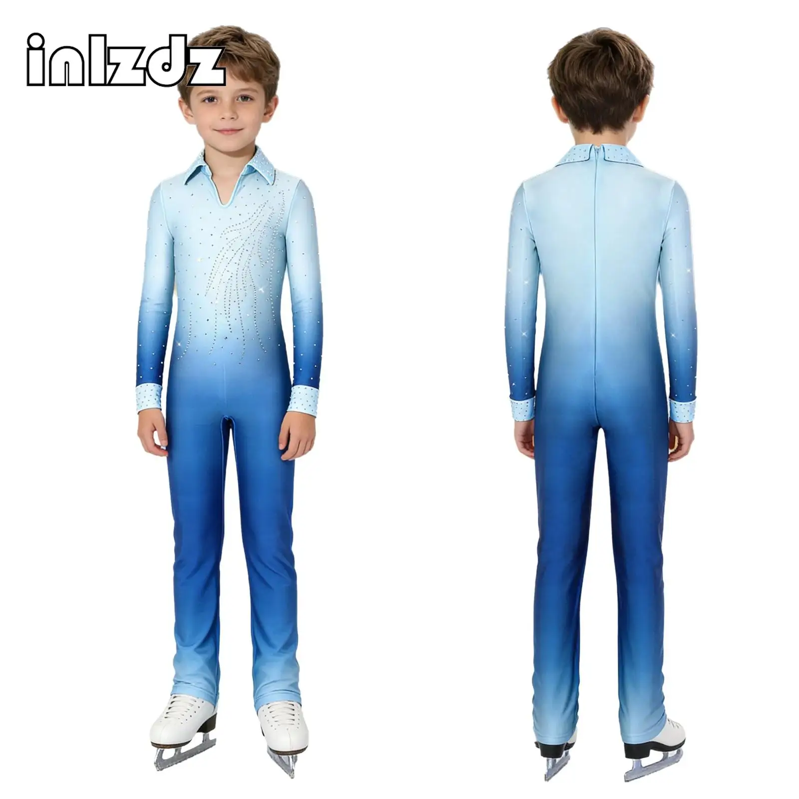 Kids Boys Figure Skating Gymnastics Dance Costume Rhinestones Long Sleeve Full Body Color Gradient Performance Bodysuit Jumpsuit
