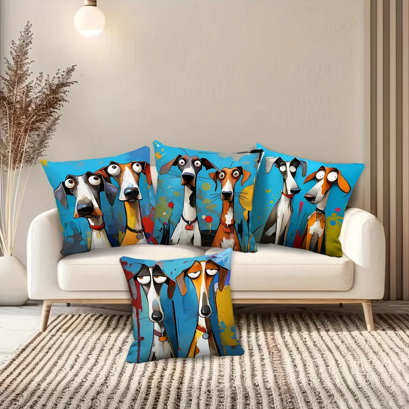 4-piece dogthemed pillowcase set suitable for sofas,living rooms bedrooms and outdoor use.Single-sided print insert not included
