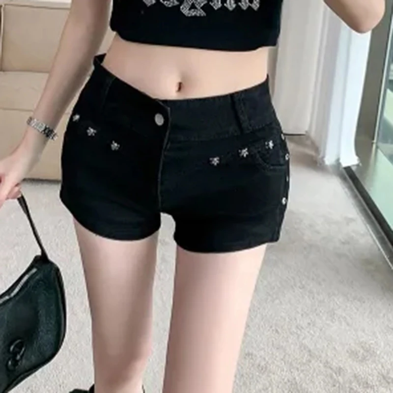 

Hottie Узкие женские сексуальные шорты с низкой талией Американские однотонные прямые модные женские шорты с заклепками Шикарные универсальные повседневные шорты