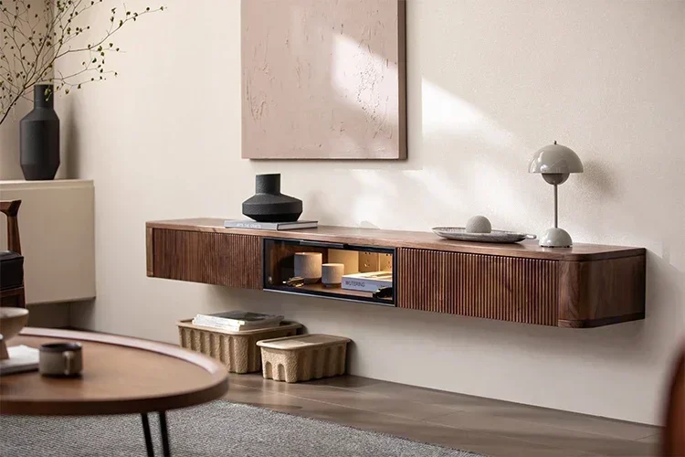Hanging TV Cabinet Modern Simple Small Apartment Living Room Light Luxury Solid Wood Black Walnut Wall-Mounted TV Cabinet