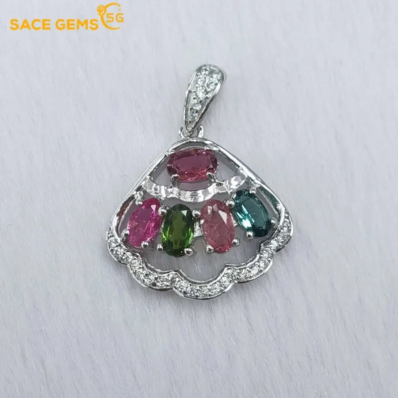 

SACEGEMS New Luxury 925 Sterling Silver Certified 3*5MM Natual Tourmaline Pendant Necklace for Women Cocktail Party Fine Jewelry