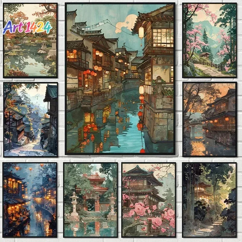 Vintage Hiroshi Yoshida Inspired Poster Traditional Japanese Village Landscape Canvas Painting Wall Art Living Room Home Decor