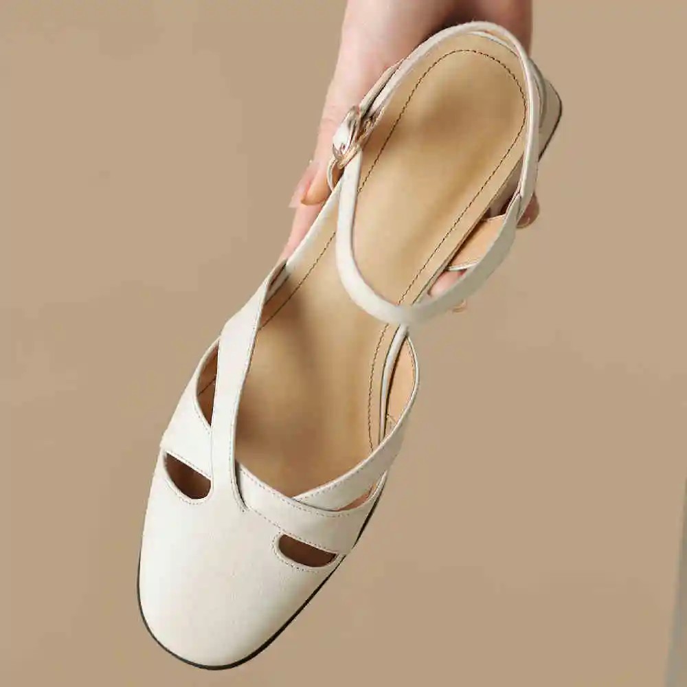 Women\'s sandals summer 2023 cow leather round toe ankle strap flats sandals british style hollow-out narrow band summer shoes
