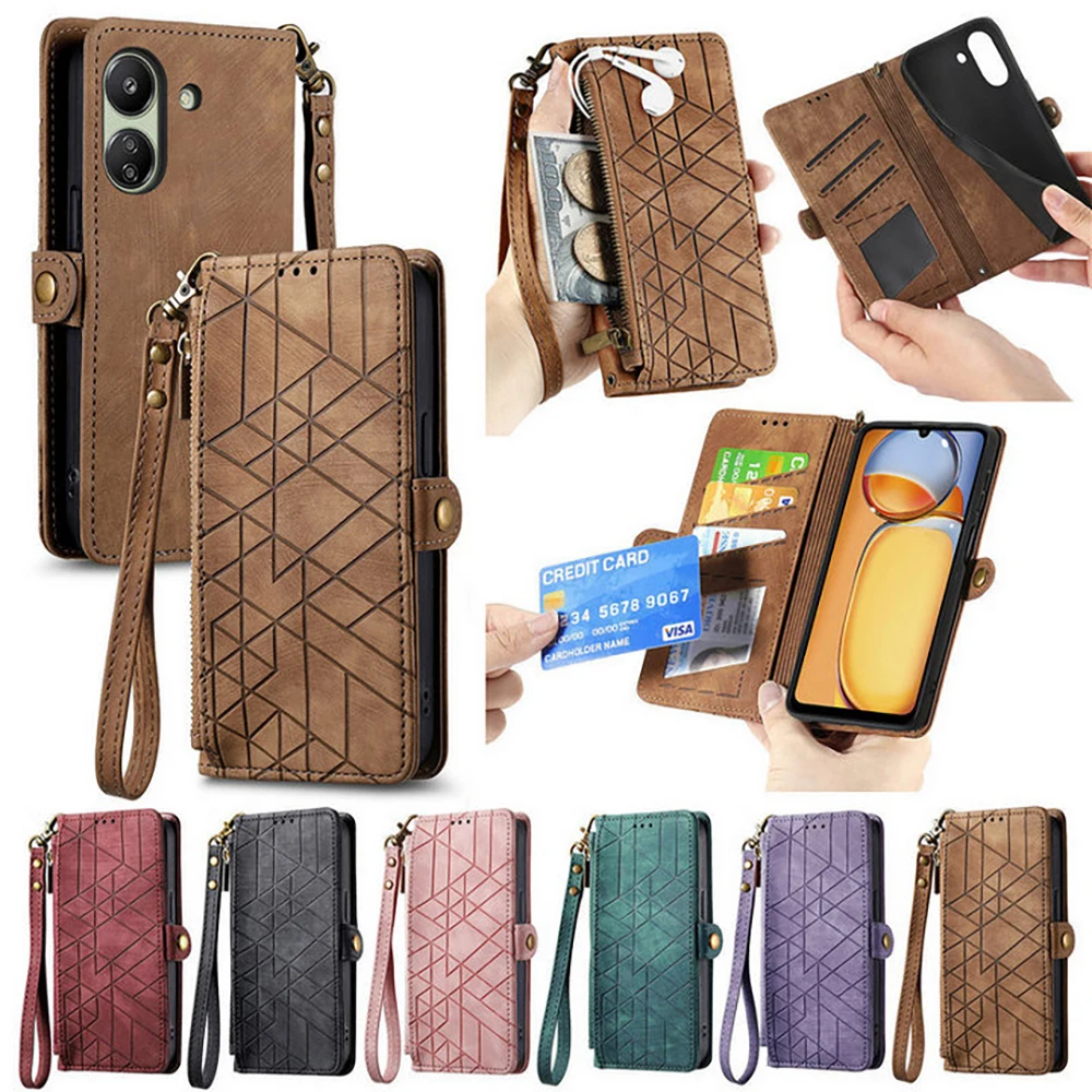 Zipper Wallet Case For Xiaomi 14T 13T Pro Redmi 13 12 14C 14R 13C 13R 12C 10C 10A 9T 9A 9C A2 A1 Plus A3 Flip Leather Book Cover