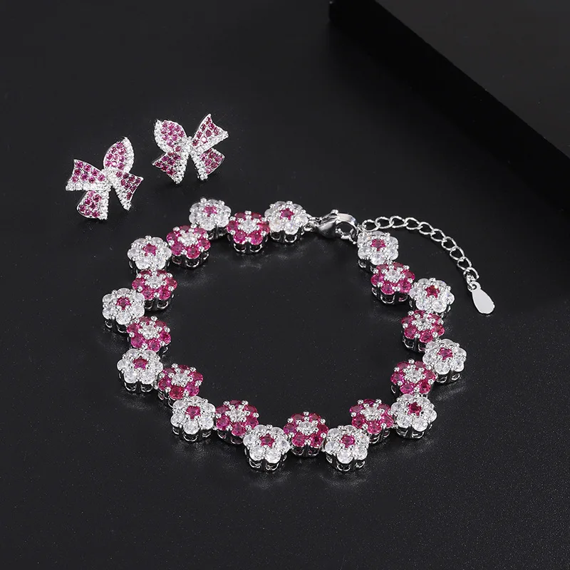 Trendy 925 Silver Needle Bow Stud Earrings Bracelet Set for Women Girls Luxury Cubic Zirconia Flower Wedding Anniversary Jewelry