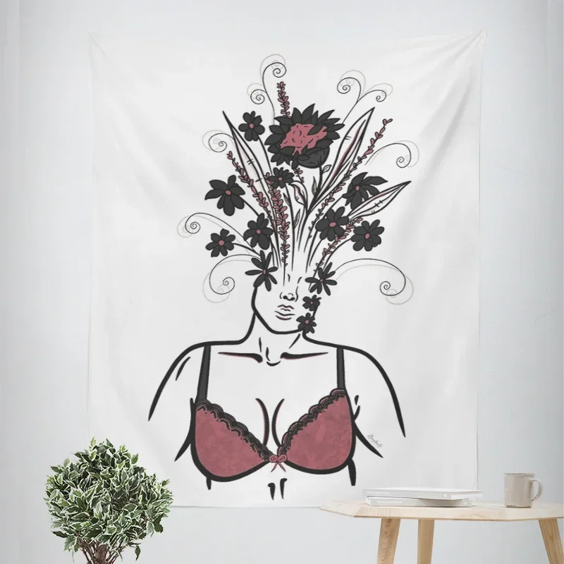 

Floral Fantasy Tapestry - Woman with Flower Bouquet Hair, Perfect for Modern Home Decor, Stylish Wall Hanging