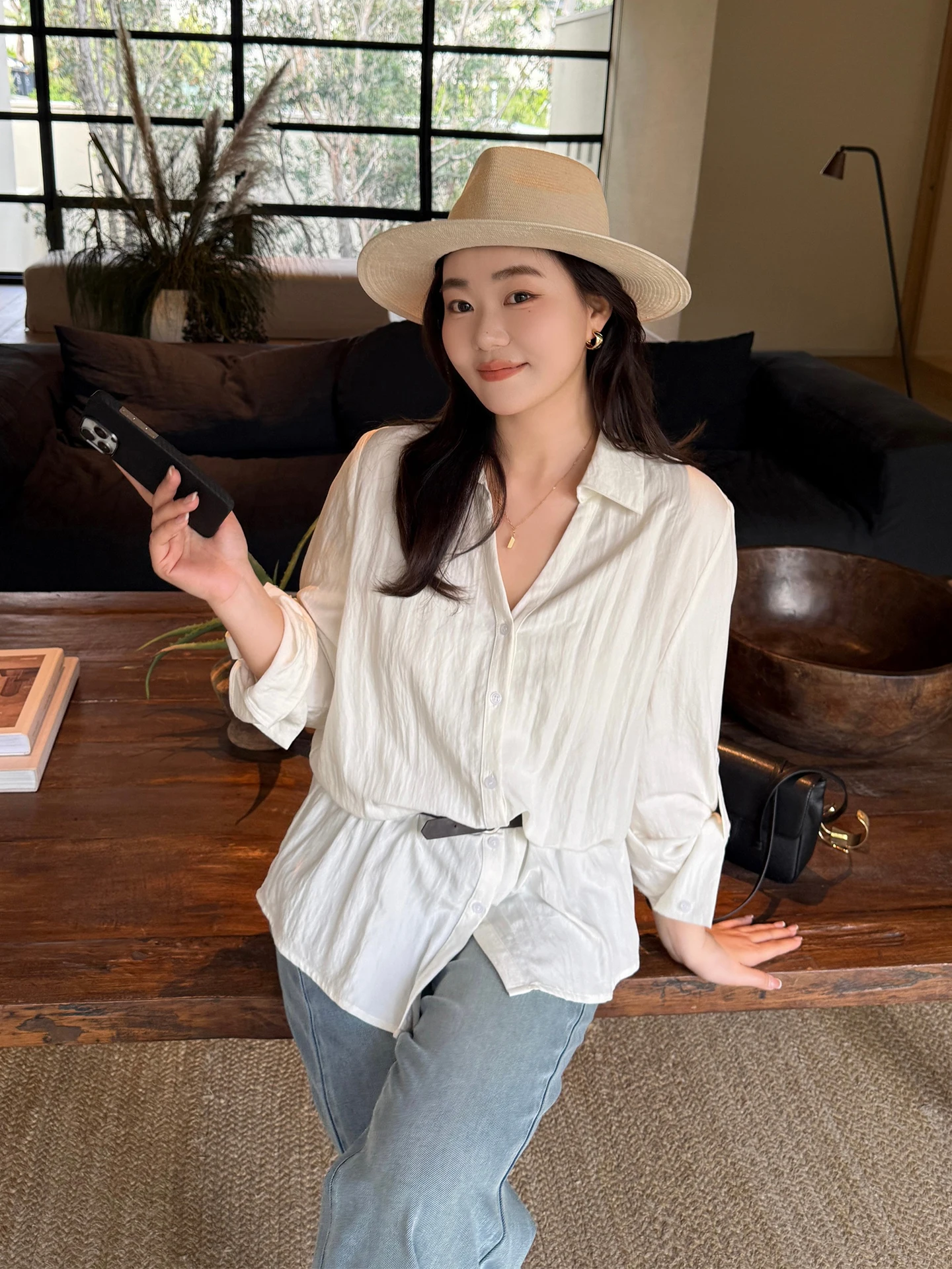 

plus Size Women's Shirt V-Neck Waist-Cinching Belted Patchwork Design Casual French Style Long Sleeve Cotton Blend Blouse