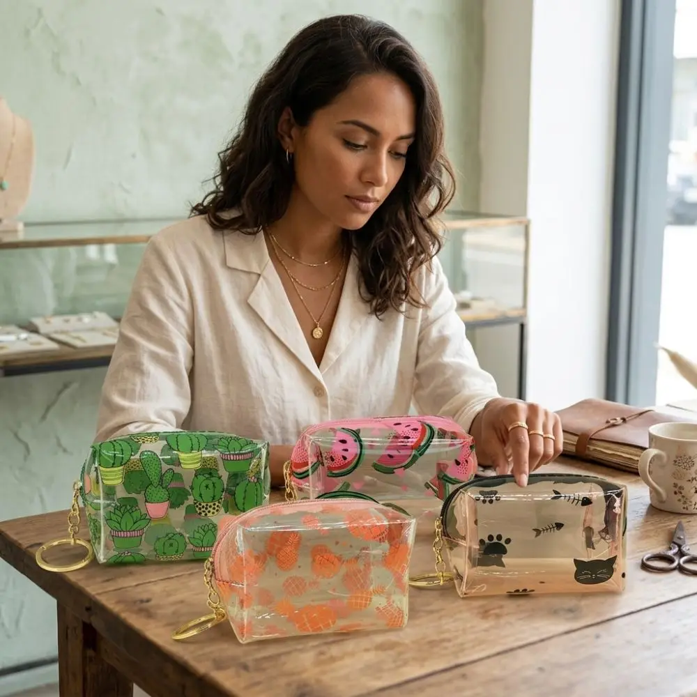 Cute Waterproof PVC Coin Purse Printed Zippered Mini Keychain Pouch Transparent Lightweight Zipper Change Wallet Women
