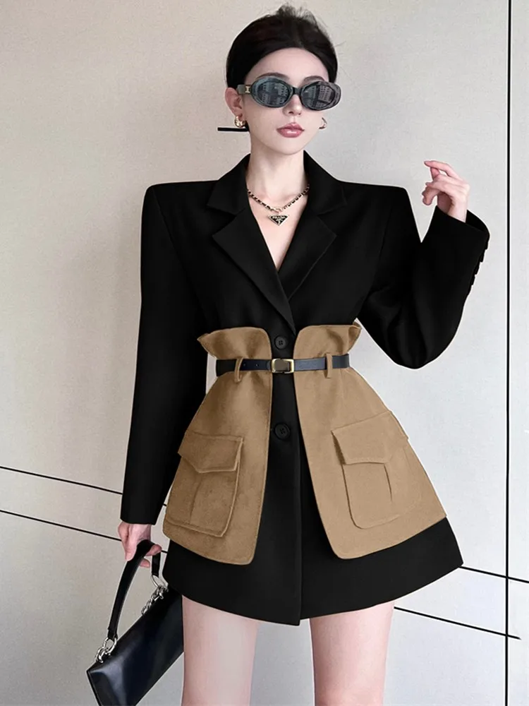 2024 New Fashion Autumn Contrast Stitching Blazer For Women Long Sleeve Single breasted Elegant Office OL Lady Slim Coat Female