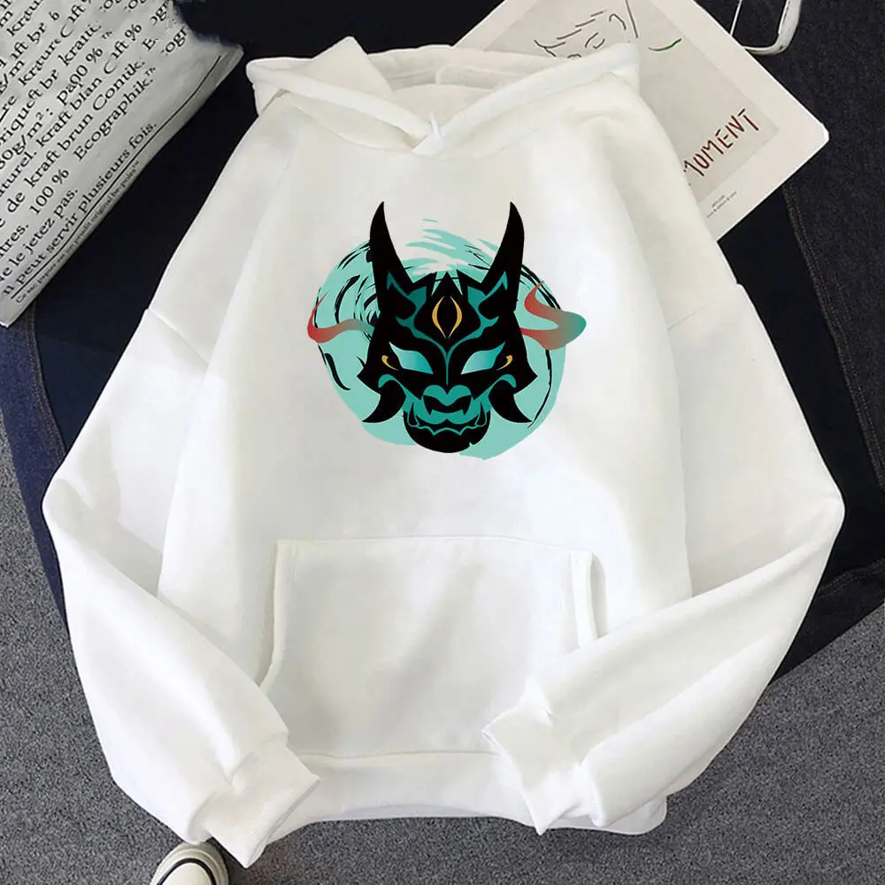 New Genshin Impact Xiao Mask Fangs Graphic Hoodie Unisex Hip Hop Streetwear Hooded sweatshirts Pocket Kpop Graffiti Style Tops