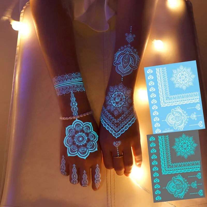 6 Sheets Large White Mandala Blue Luminous Butterfly Tattoo Stickers - Glow-in-Dark, Waterproof, Lasting 2-5 Days - Indian Triba