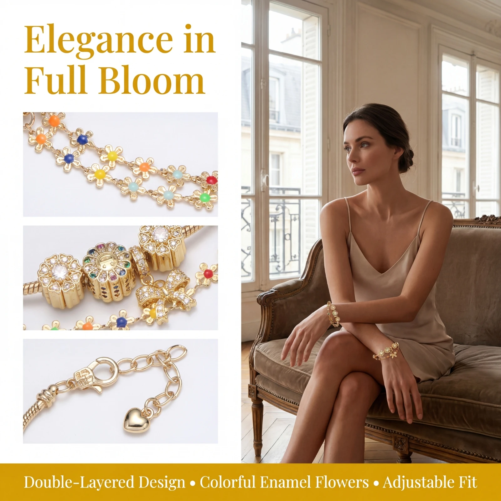 

Golden Adjustable Bracelet with Synthetic Zircon Rainbow Flower & Bow Charms for Women Fashion Jewelry Gift