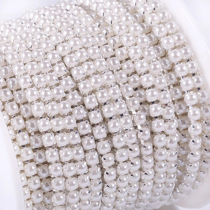 10 yards/roll White Pearl Chain Silver Base Sewing Crafts Glue-On ABS Pearl Chain For Apparel DIY Needlework Accessories