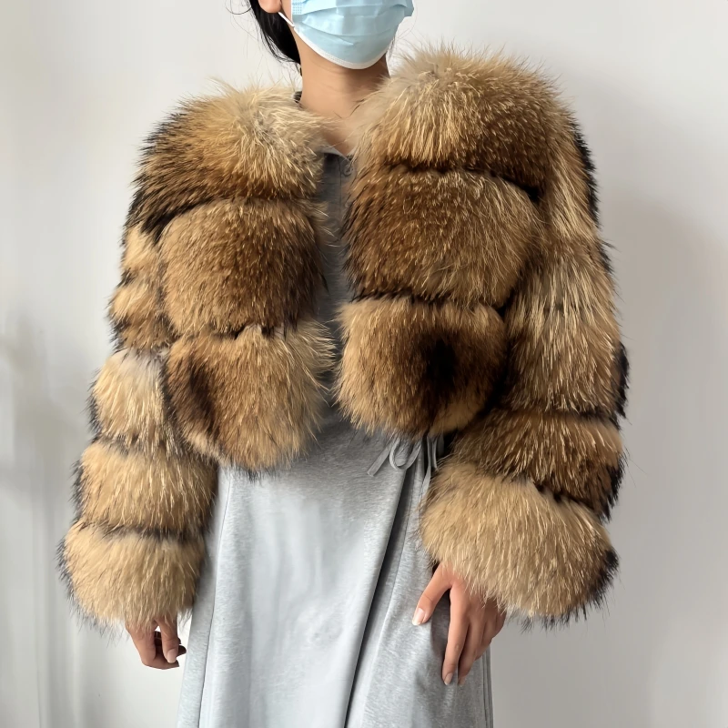 

KEJINYUAN Women's Real Raccoon Fur Coat - Luxury Thick Winter Natural Furry Jacket for Super Cold Weather