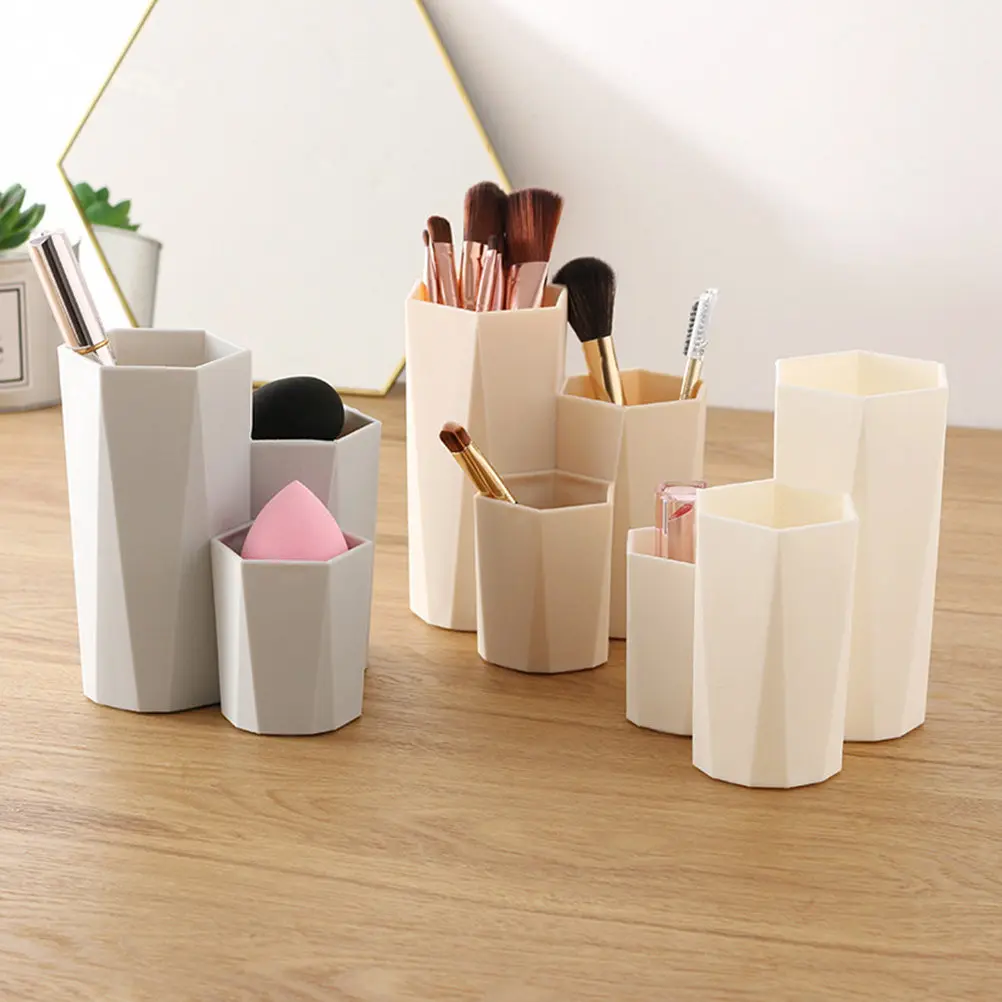 1Pcs Space-Saving Six-Shape Plastic Brush Holder Makeup Brush Organizer Pen Holder Desktop Storage Canister for Home Office Dorm