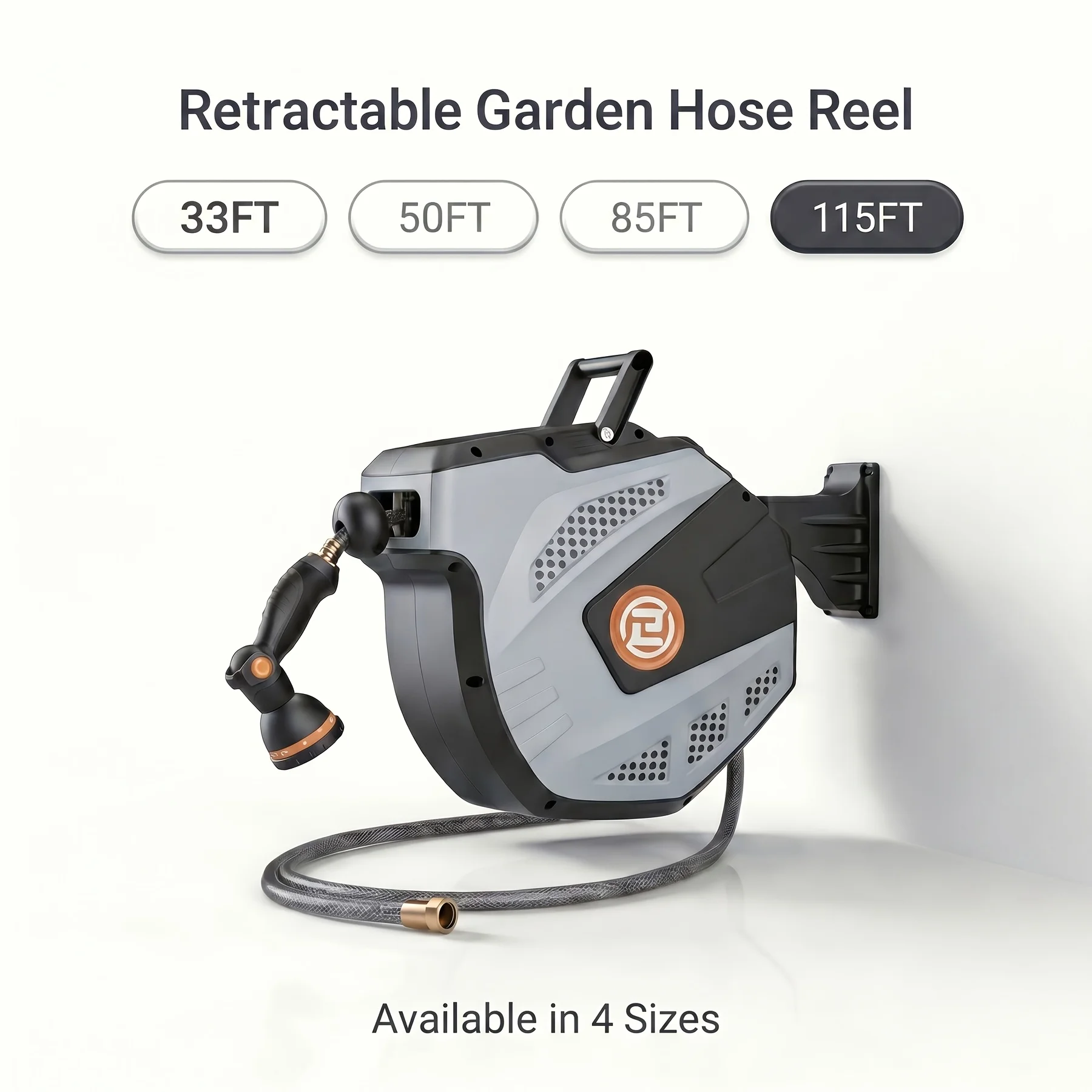 

Effortless Retractable Garden Hose Reel (33ft-115ft), Wall-Mounted Automatic Rewind Water Hose Reel with 10-Function Spray Nozzle, 180° Swivel Heavy Duty for Yard & Car Washing