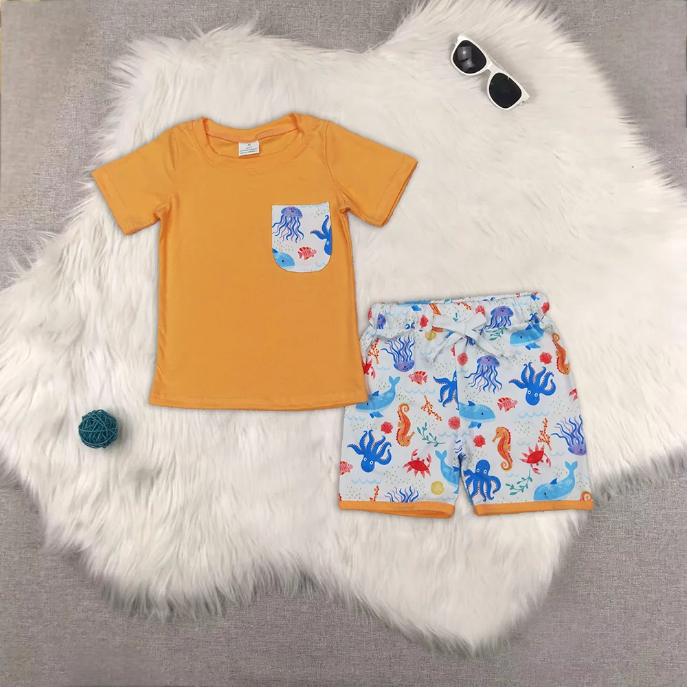 

Baby Boys Orange Pocket Top Sea Animals Shorts Clothes Sets