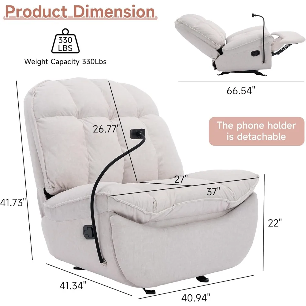 Oversized Rocker Recliner Chairs for Adults 400lbs, Rocking Recliner with Cell Phone Holder, Glider Rocker, Wide Large Single Re