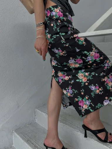 

Floral Print Elastic Waist f-length Skirt Women Summer Vintage High Waist Slimming Ba Split Flower Wrap Bodycon Trendy INS