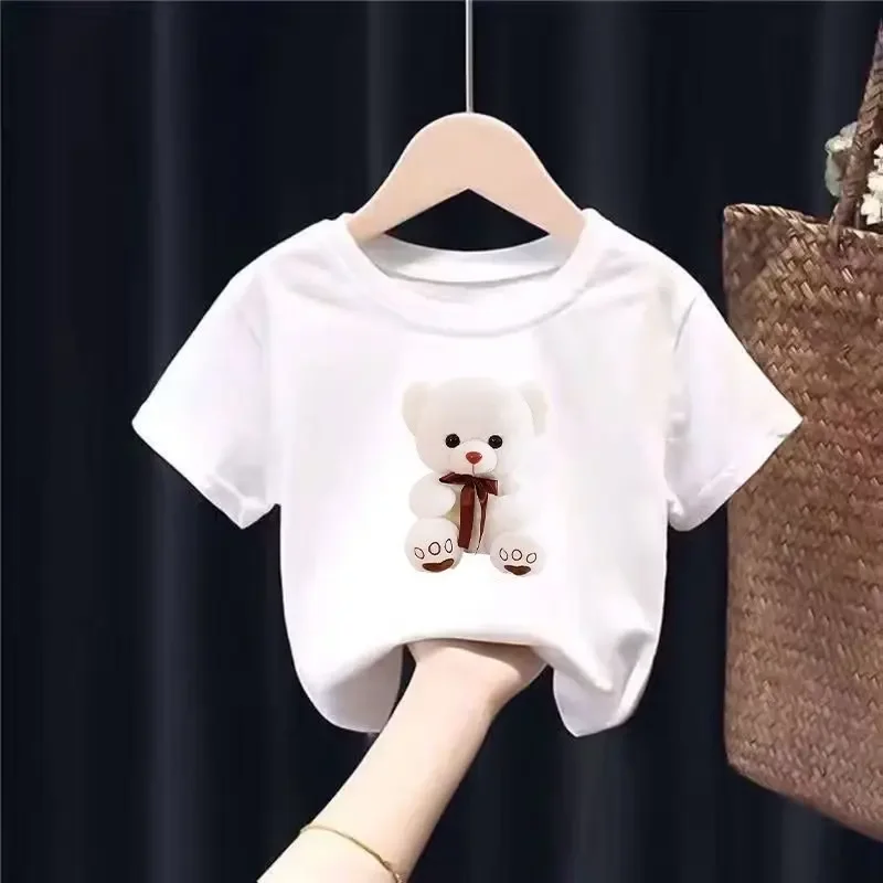 Cartoon Little White Bear Printed Round Neck T-shirt Short Sleeve Casual Boys and Girls New Trend Children's Clothing Top