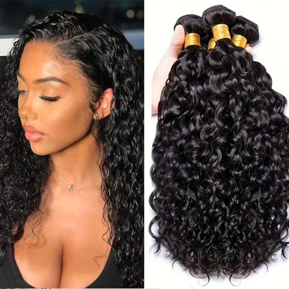 4 Bundles Weave Water Wave Human Hair Bundles Natural Color 8-30 Inch Brazilian 10A Double Bundles Weave Extensions Human Hair