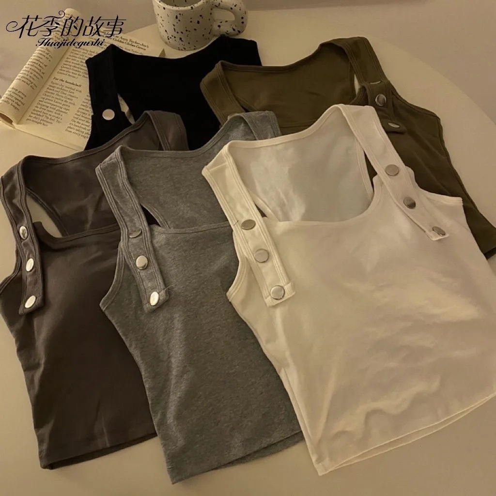 Girls New Vest Summer New Solid Sleeveless Shoulder Straps Design Sense Short Tops Fashion 2024 Sleeveless Cool Solid